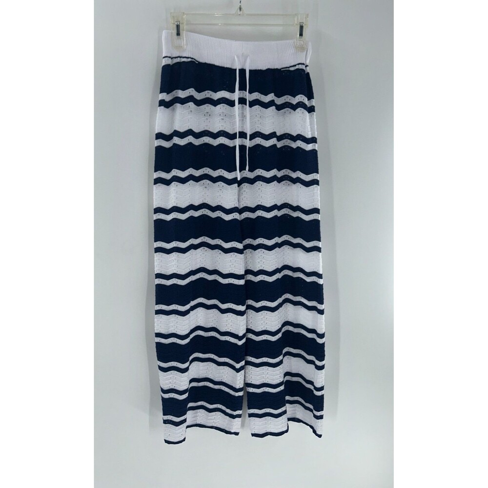 Women's Unbranded Navy White Zig-zag Pointelle-Knit Flare leg Pants Size M